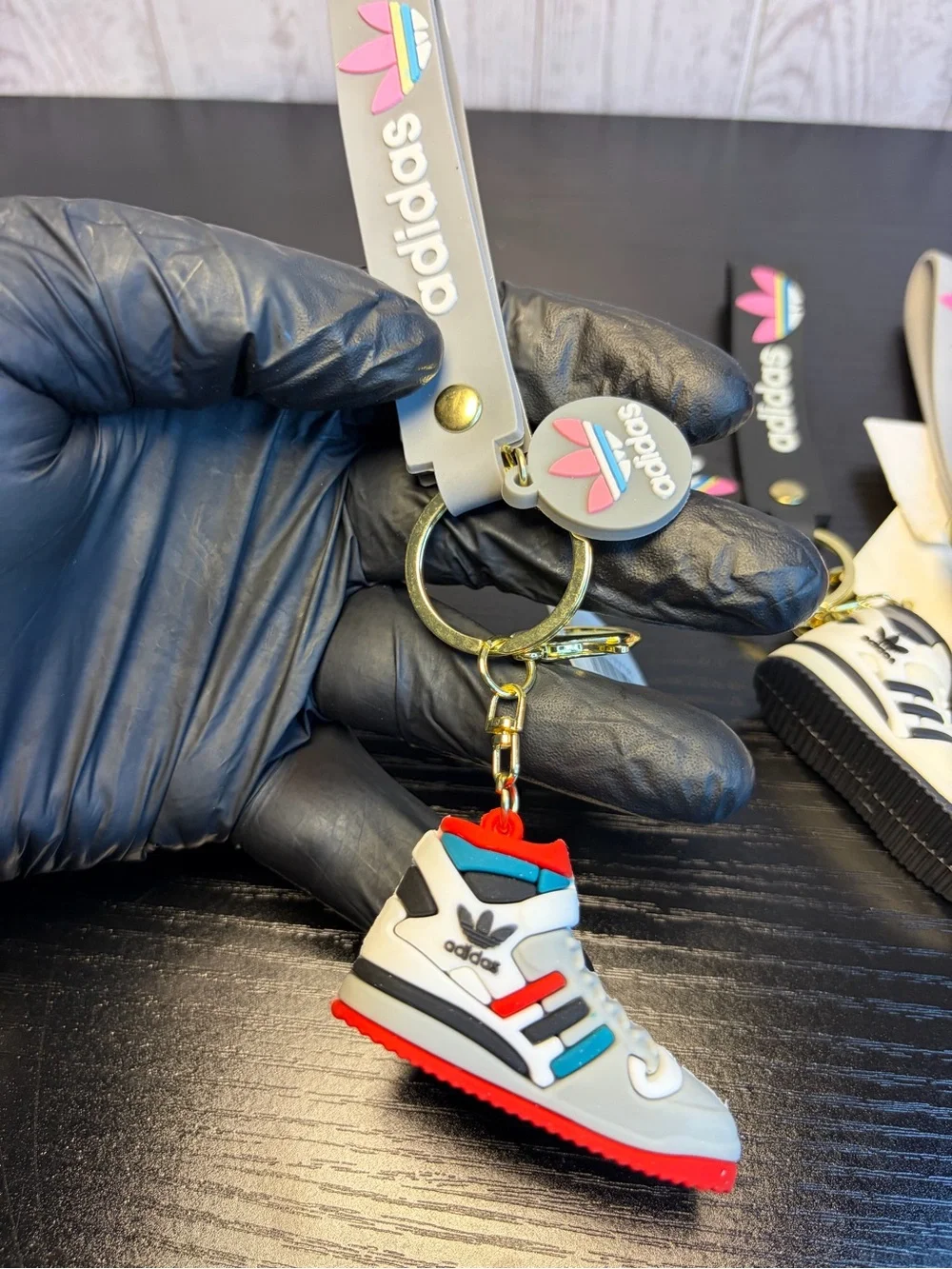 4Pcs Adidas Mini Sneaker Keychain Set - White with Red, Black, Gray Accents